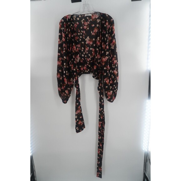 A.L.C. Carla Floral 100% Silk Wrap Floral Black Pink Ruffle Cuffs Blouse Size S - Picture 5 of 16